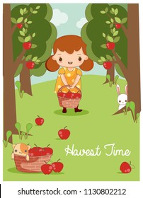 cute cartoon vector of girl havesting apples in the garden.