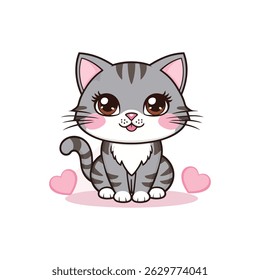 Cute Cartoon Vector of a Gray Cat with Big Brown Eyes and Pink Cheeks Surrounded by Love Hearts