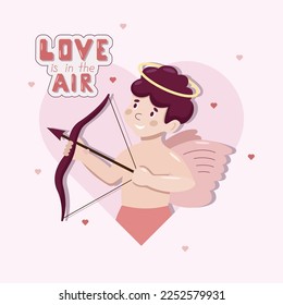 Cute cartoon vector greeting card with little Cupid shooting from the bow in a heart. Angel character. Valentine Day concept.