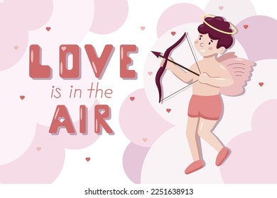 Afiche de saludo del vector de dibujos animados con el pequeño Cupido. El amor está en las letras del aire. Concepto de San Valentín. El ángel dispara en el corazón del arco en nubes rosas.
