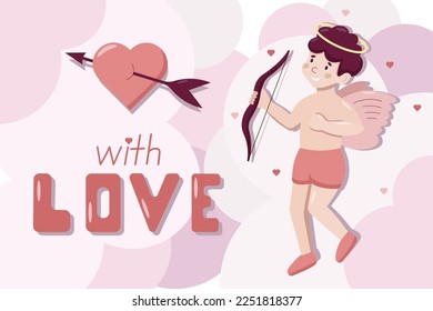 Afiche de saludo de vector de dibujos animados con un pequeño Cupido y letras. Concepto de San Valentín. El ángel dispara en el corazón del arco en nubes rosas.