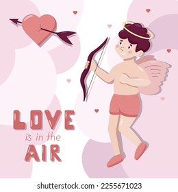 Afiche cuadrado de saludo del vector de dibujos animados lindo con el pequeño Cupido. El amor está en las letras del aire. Concepto de San Valentín. El ángel dispara en el corazón del arco en nubes rosas.