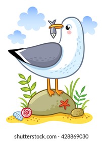 Cute cartoon vector gull on a rock a fish in its beak. Summer fun illustration of a bird on a sandy island.