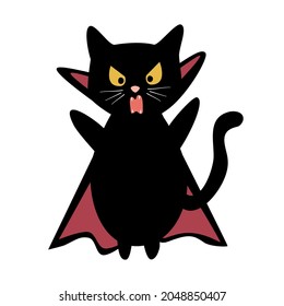 cute cartoon vector halloween  illustration with vampire black cat isolated on white background