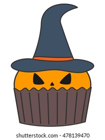 cute cartoon vector halloween pumpkin cupcake isolated on white background
