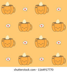 cute cartoon vector halloween seamless pattern background illustration with coffee mug in form of pumpkin