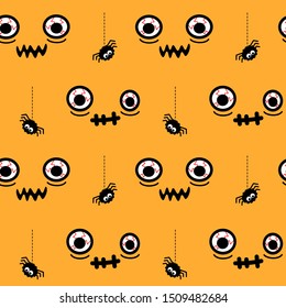 cute cartoon vector halloween seamless pattern illustration with hand drawn doodle creepy eyes and spider on orange background