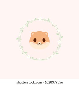 Cute cartoon vector hamster illustrution. Adorable baby hamster icon on pink background with flowers.