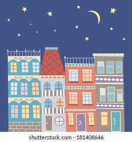 Cute cartoon vector hand drawn town in moonlight and starlight night
