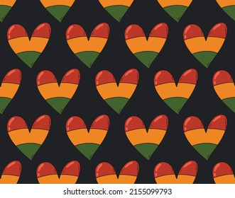 Cuto caricatura vectorial de mano dibujado a rayas corazón en color de la bandera africana - rojo, amarillo, verde - fondo de patrón sin fisuras. Fondo decimonónico con forma cardíaca