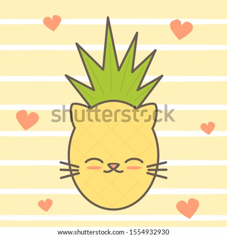 cute cartoon vector hand drawn cat pineapple card