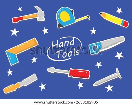 Cute cartoon vector of hand tools on a blue starry background. Perfect for kids or DIY themes.