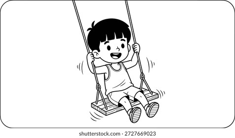 Lindo Vector de dibujos animados de un niño feliz balanceándose en un columpio, perfecto para libros para colorear para niños, escenas de juegos, educación y uso de diseño.