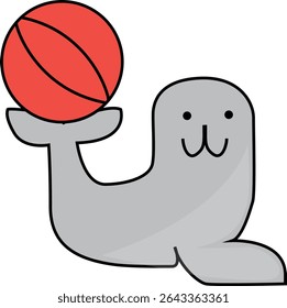 Cute Cartoon Vector of a Happy Seal Balancing a Red Ball on Its Tail, Perfect for Kids Illustration, Animal Education, and Fun Graphic Design
