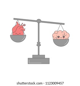 cute cartoon vector heart and brain on scales funny concept illustration