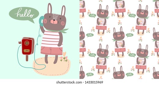 Cute cartoon vector hello little bunny rabbit boy with telephone decorated with heart,flowers card and seamless pattern .Illustration design for kids,baby and nursery fashion and print