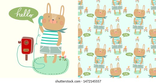 Cute cartoon vector hello little bunny rabbit boy with telephone decorated with heart,flowers card and seamless pattern .Illustration design for kids,baby and nursery fashion and print