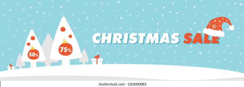 Cute cartoon vector horizontal banner with winter landscape, trees and gifts, header for christmas and new year holidays. Template for sale and special offers design.