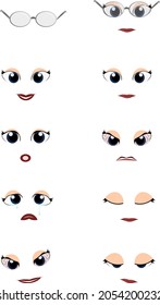 Cute cartoon vector icon set of facial expressions. This emoji set presents sad, happy, smile, cry, odd, sleepy, angry, surprise feelings.