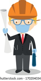 Cute cartoon vector illustration of an architect with surgical mask and latex gloves as protection against a health emergency