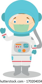 Cute cartoon vector illustration of an astronaut with surgical mask and latex gloves as protection against a health emergency