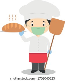 Dibujo de un panadero con máscara quirúrgica y guantes de látex como protección contra una emergencia sanitaria