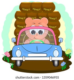 cute cartoon vector illustration. cute bear in car with honey. cartoon vector illustration.
