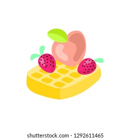 Cute cartoon vector illustration of Belgian waffle with strawberry and peach on top. Fruit belgian waffle icon, isolated on white background. Traditional belgian waffle with berries and fruits on top