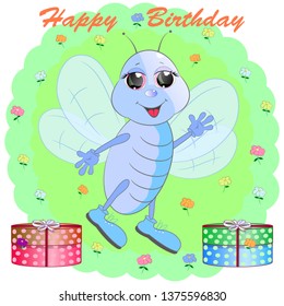 cute cartoon vector illustration. birthday greeting card with blue butterfly. cartoon vector illustration.