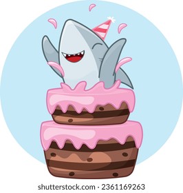 Cute cartoon vector illustration of birthday cake with a happy grey shark, isolated on white background. Happy shark jumps out of the cake