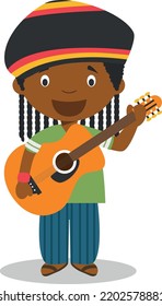 Cute cartoon vector illustration of a black or african american male musician or guitarist.