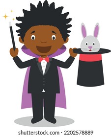 Cute cartoon vector illustration of a black or african american male magician.