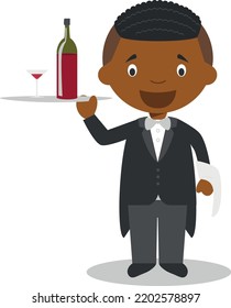 Cute cartoon vector illustration of a black or african american waiter.