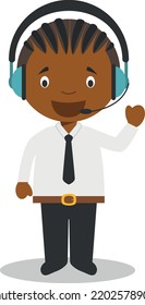 Cute cartoon vector illustration of a black or african american male telemarketing phone operator.