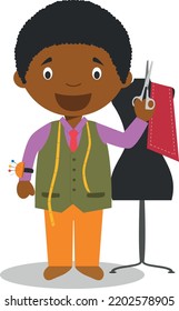 Cute cartoon vector illustration of a black or african american male tailor.