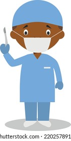 Cute cartoon vector illustration of a black or african american male surgeon.