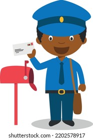Cute cartoon vector illustration of a black or african american male postman.