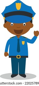 Cute cartoon vector illustration of a black or african american male policeman.