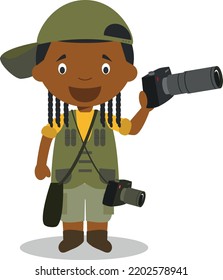 Cute Cartoon Vector Illustration Of A Black Or African American Male Photographer.