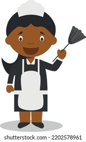 Cute Cartoon Vector Illustration Of A Black Or African American Maid Or Cleaning Girl.