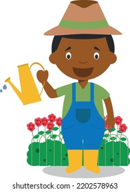 Dibujo vectorial lindo de un jardinero negro o afroamericano.