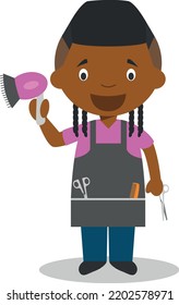 Cute cartoon vector illustration of a black or african american hairdresser.