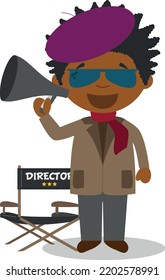 Cute Cartoon Vector Illustration Of A Black Or African American Male Filmmaker.