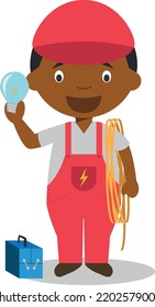 Cute cartoon vector illustration of a black or african american male electrician.