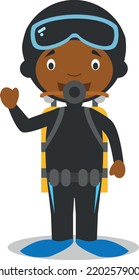 Cute cartoon vector illustration of a black or african american diver.