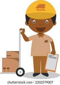 Cute cartoon vector illustration of a black or african american male courier.