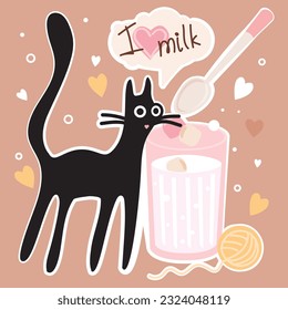Dibujo vectorial lindo de un gato negro con una cuchara y un vaso de leche.