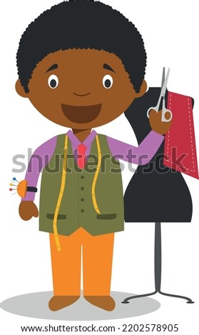 Cute cartoon vector illustration of a black or african american male tailor.
