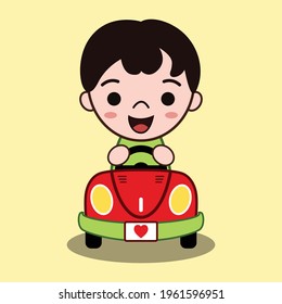 Cute Cartoon Vector Illustration Of a boy driving a convertible car. He is smiling happily.