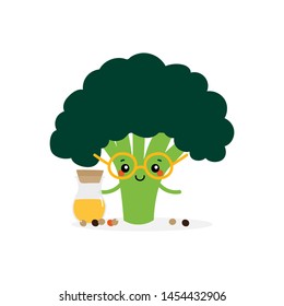 Cute cartoon vector illustration with broccoli character holding small bottle of broccoli seeds oil.